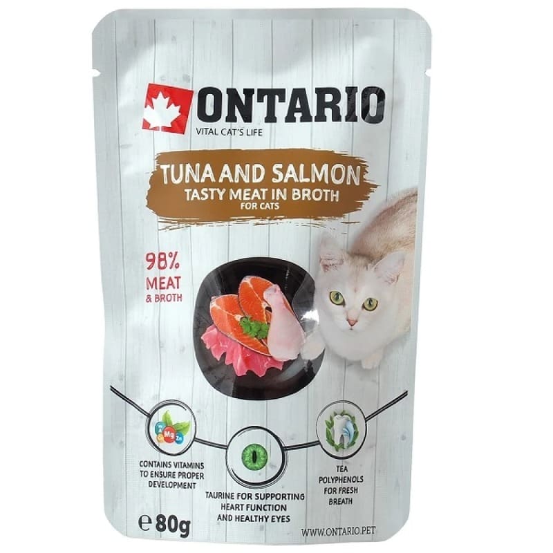 ONTARIO CAT POUCH TUNA SALMON konservi kaķiem Tuncis, lasis buljonā 80g